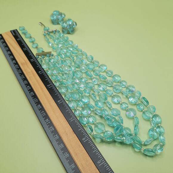 Vintage West Germany Aqua Lucite Bead Necklace Earrings Set, 1940s - Picture 11 of 13